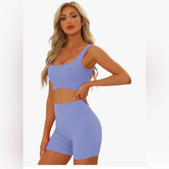 Allegra K Other - 2 Piece Set: Periwinkle Ribbed Matching Sports Bra Biker Shorts Workout Set, EUC